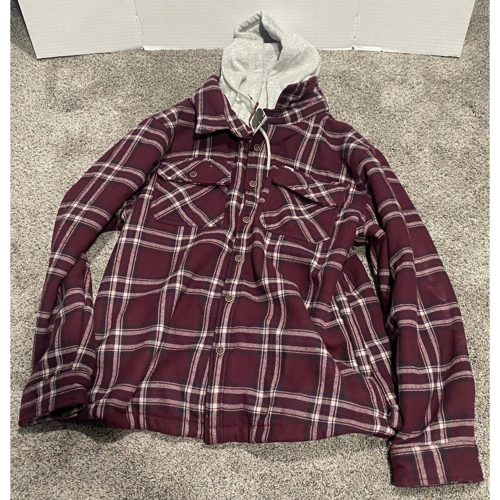 Shirt Jacket Mens Sherpa Lined Hooded Flannel Lee Burgundy XL NWT